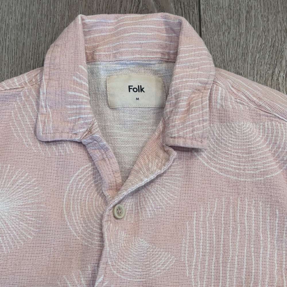 Folk Button Down Shirt Mens Medium Pink Abstract Print Short Sleeve Casual Beach
